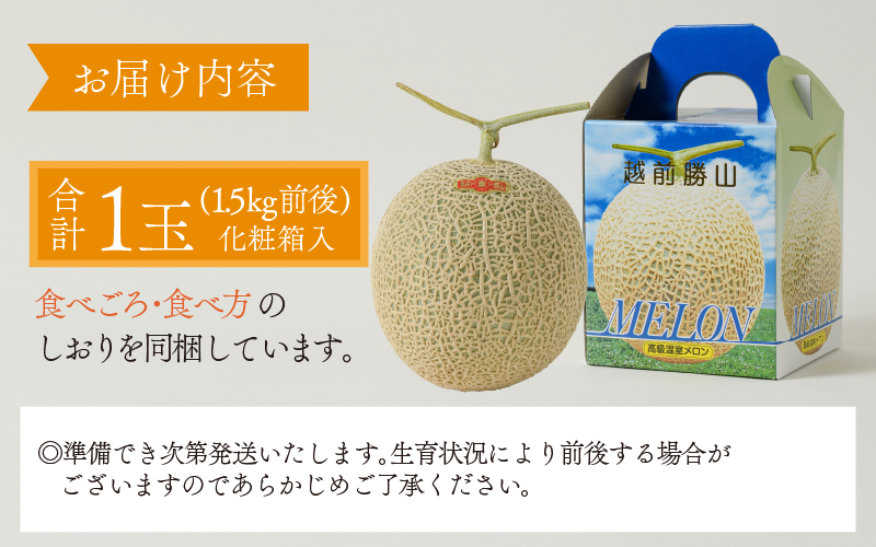 【先行予約】【2023年7月下旬～8月中旬頃発送】勝山産アールスメロン1個入り化粧箱（赤肉）|メロン 1.5kg 1.5キロ 1玉 フルーツ 有機肥料