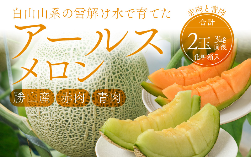 【先行予約】【2023年7月下旬～8月中旬頃発送】勝山産アールスメロン2個入り化粧箱（赤肉・青肉セット）|メロン 3kg 3キロ 2玉 フルーツ 有機肥料