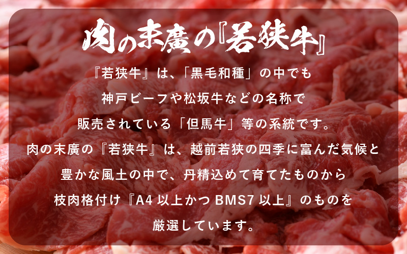 牛肉 若狭牛 小間切れ 900g（300g × 3パック）福井県産 A4等級 以上を厳選！【黒毛和牛 細切れ こま切れ 小分け】 [e02-a006]