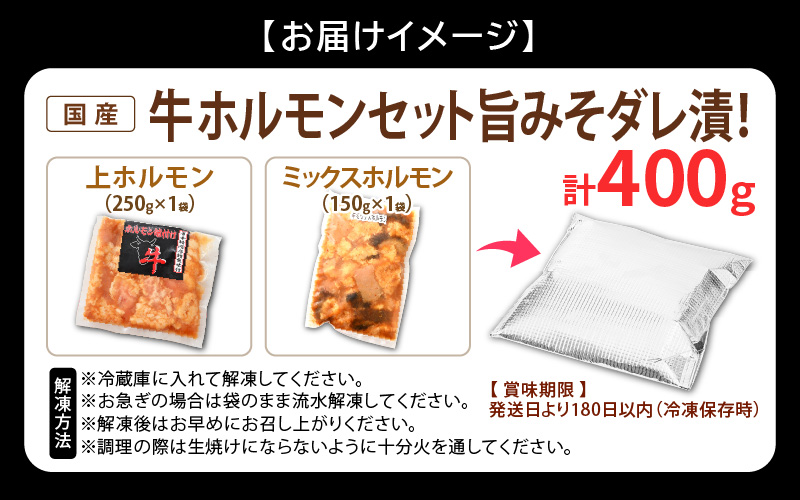 国産 牛ホルモン セット 計400g（上ホルモン・ミックスホルモン 各1袋） 旨みそダレ漬け！ 【 冷凍 お手軽 小分け BBQ バーベキュー 】 [e03-a027]	