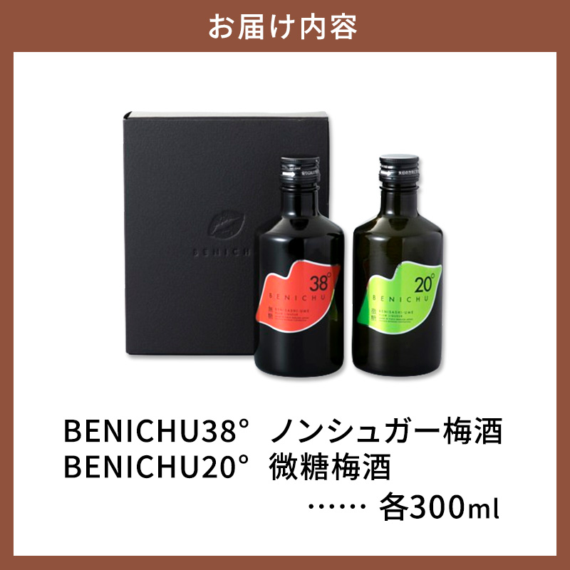 【祝北陸新幹線延伸】梅酒 BENICHU20° BENICHU38° 300ml 2本 甘くない梅酒 飲み比べセット お酒 リキュール うめしゅ 酒 アルコール 飲み比べ セット 紅映梅 微糖 無糖 梅 うめ ウメ 福井県 福井